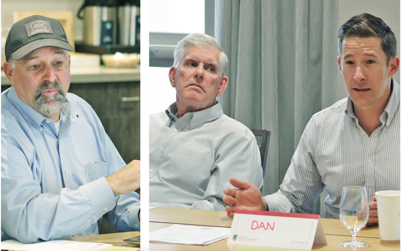 Mayor Sam Norton (pictured from left), City Council members Ross Shirley and Dan Brown discuss topics at last week’s off-site retreat, which was held in Rome. One topic was the proposal of a convention center that could attract new business and tourists during off-peak days and seasons.