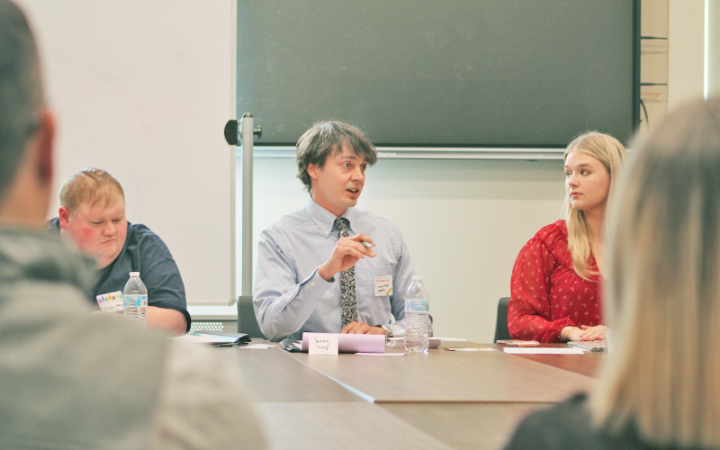 Members of the Preserve Johnny B’s Society, from left, Jesse White, Jeremy Sharp and Leah Story sit down for a roundtable discussion at the library.