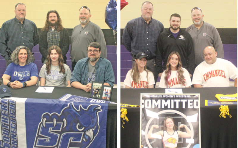 LEFT: Lumpkin County swimmer Haley Hayes celebrates her college signing with her family and coaches.  RIGHT: Cadence Grulla signs her official commitment to Emmanuel University to continue her wrestling career.