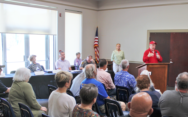District 9 state Senate candidate Wayne Rowan addresses a crowd of concerned citizens during a Sunday afternoon community forum held at Lumpkin County Parks &amp; Rec. The main topic of discussion was Iron Mountain ATV Park.