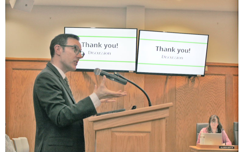 TSW Community Planner Caleb Racicot updates the Planning Commission on a forthcoming revision of Dahlonega’s development ordinances as City Manager Allison Martin looks on.