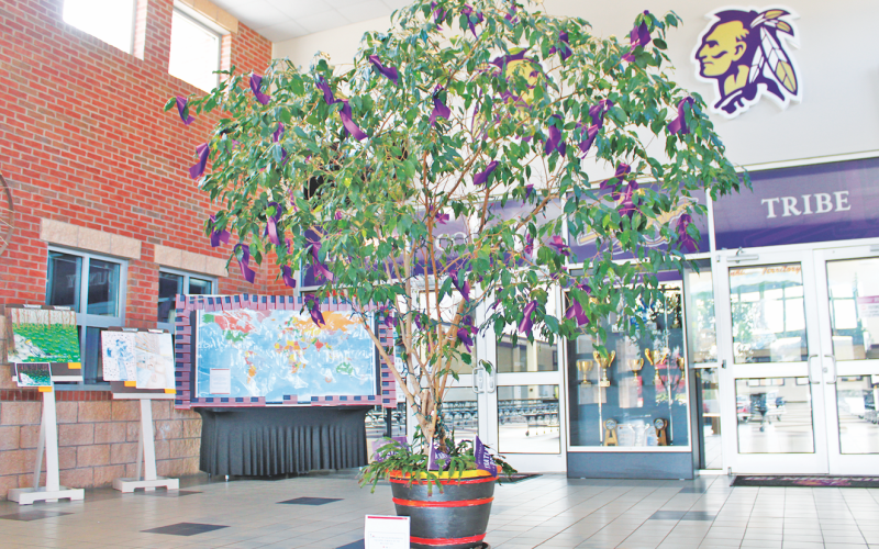 To commemorate Military Child Month this April, Lumpkin County High school adorned their ficus tree in the front lobby with a purple ribbon for each of the school’s 57 military-connected students. The ribbons were made by middle school students during the recent LCMS Community Connect Day.
