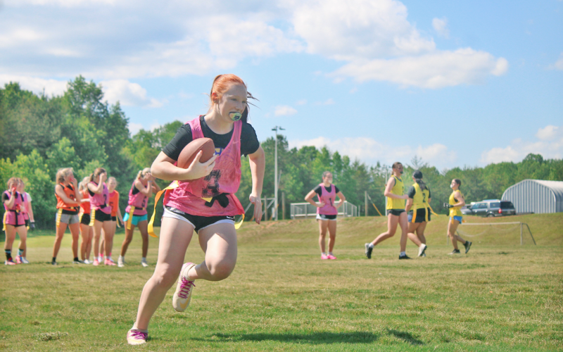 Addison Parker makes a play during last week’s tryouts for the  Lumpkin County High School flag football team. The season is set to begin in October.