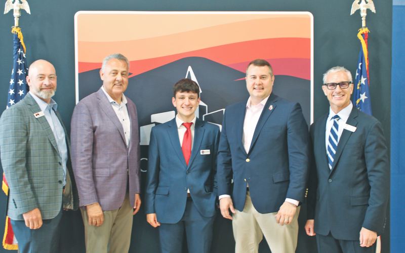 Pictured at the 2026 State of the State luncheon (from left) are Dahlonega-Lumpkin County Chamber of Commerce Board Chair Wes Chambers, State Sen. Steve Gooch, Davis MacEntyre, State Rep. Will Wade and Chamber Executive Director Robb Nichols.
