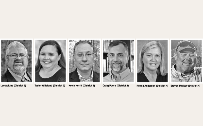 For the School Board District 2 seat, Lee Adkins, Taylor Gilleland and Kevin Herrit are challenging incumbent Craig Poore. For the District 4 seat, Ronna Anderson is facing Steven Mulkey.