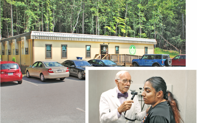 ABOVE: The parking lot of the Anne Green Free Clinic at 75 Rockhouse Road stays filled with patient vehicles during opening hours.  BELOW: Dr. Gene Westmoreland, Medical Director at Community Helping Place’s Anne Green Free Clinic, performs a quick check-up on Khushi Manchanda in one of the clinic’s exam rooms.