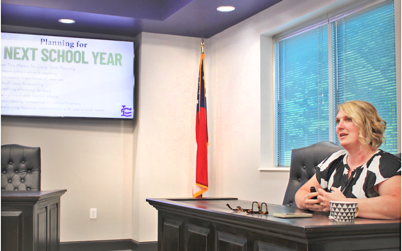 Lumpkin County Schools Finance Director Dr. Whittney McPherson delivers a presentation during the first of two FY ’27 budget review hearings held at the Central Office on Indian Drive. The second meeting will take place on June 15 at 4:30 p.m.