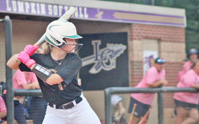 Elin Wilkins lines up in the batter’s box for the Lumpkin softball team as they face off against East Forsyth.