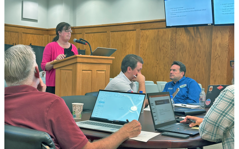 City Manager Allison Martin discusses the proposed 2026-2027 budget with members of the Dahlonega City Council.