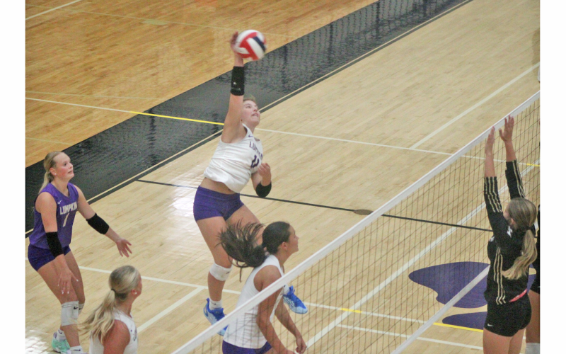 Lumpkin County’s Hadley Glenn goes up for a kill against East Hall.