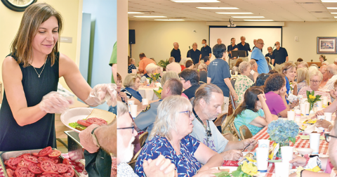 Vickey Dougherty, Community Helping Place volunteer, hands out juicy ripe tomatoes for sandwiches at the annual Tomato Sandwich Supper fundraiser last week. The luscious taste of summer has been donated now for 12 years by Jeff Grindle, owner of Tomato House Farms to aid in services of the Community Helping Place’s Free medical and dental clinics. Over 800 community members enjoyed BLT sandwiches at the annual Tomato Sandwich Supper to benefit the Community Helping Place’s Free Medical and Dental clinics. W