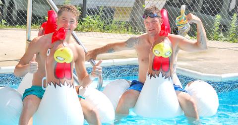 Mateo Golloshi (left) and sportswriter Greg Finan, Jr. take a breather between events in the latest edition of the Nugget Challenge.