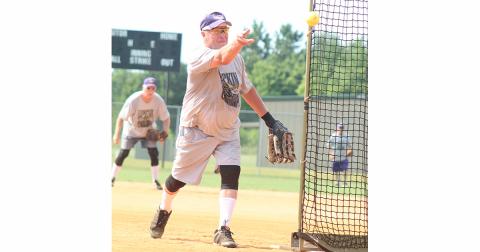 LC Miner pitcher Larry “The Rocket” Rodgers tosses a strike towards home plate during the Miners’ league doubleheader against the Rabun County Relics last week.