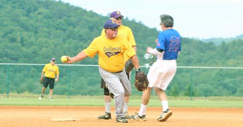 Dahlonega Gold player Mike “Walloping” Williams thinks about turning a double play after getting an unassisted out at second base versus the Lakers in league play.