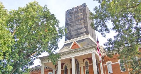 The steeple on the Price Memorial building at UNG's Dahlonega campus has been restored with a new gold layer and structural repairs.