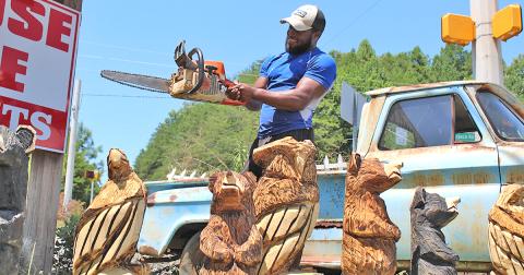 Devonte Young has spent years honing his craft as a chainsaw artist while working under the tutelage of renowned carver Michael Von Schroth. You can usually find Young and his carvings on the corner of Long Branch Road and Highway 52.