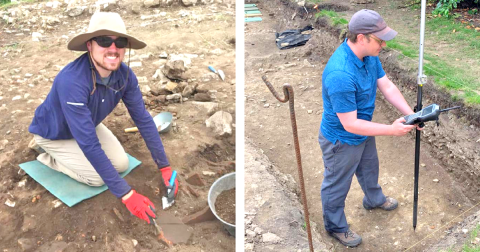 LEFT: Brendan Harris excavates at Roman Doclea in Montenegro. RIGHT: David Grogan uses electronic mapping gear on the site of Roman-era Lincoln, England.