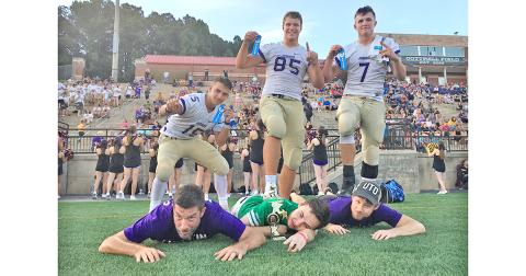 Celebrating their victory are LCHS players (from left) Trey Wilkes, Aaron Hopkins and Tucker Kirk. Team Nugget includes Greg Finan, Jr, Jake Cantrell and Matt Aiken.