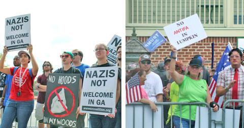 The pair of downtown demonstrations brought normal business on the square to a halt on Saturday. LEFT, counter protesters held anti-fascism demonstrations on the west end of the square. RIGHT, on the opposite end of the square a crowd gathered for what was billed as a pro-Trump rally.