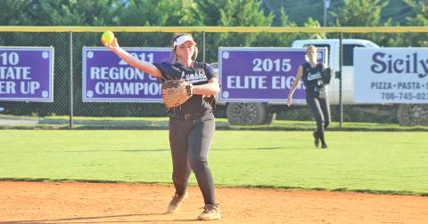 Lumpkin County second baseman Alyssa Pulley throws the ball to first base for an out after making a nice defensive play.