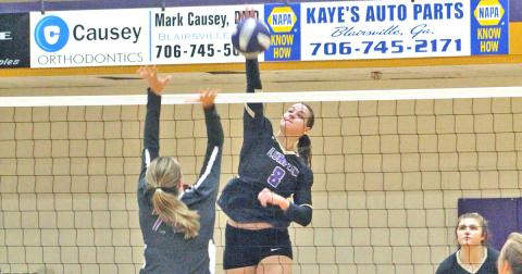 Makenzie Caldwell lets loose with a powerful spike versus the Union County Lady Panthers. Aggressive net play has been an integral part of the Lady Indians’ success this season.