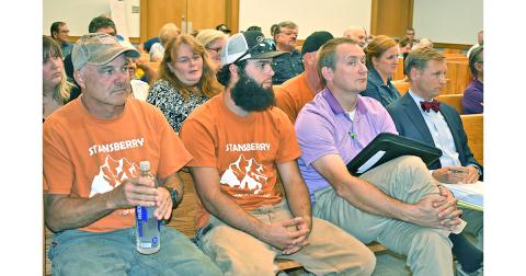 The Iron Mountain Park crew took up most of the two front rows at last week’s SLUA (Special Land Use Approval) hearing, but residents attending were far less than at previous meetings concerning the park. Front row, from left, are owner Craig Stansbury; his son, Hunter, Lewis Vaughn, manager for Stansbury’s several apartments; and attorney Kyle Williams.