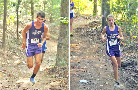 LEFT: Kyle Trammell makes his way uphill on a grueling course at the Indian Invitational. Trammell led the Indians with a fifth place overall finish. RIGHT: Abbie Hilchie makes her way through a difficult part of the course on her way to a first place finish at the Indian Invitational.