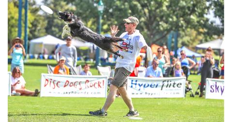 Pete the border collie pulls one in at Yahoola Creek Park, during September league play. Pete's human is Rick Nielsen.