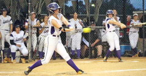 Senior Evee Dornhecer connects for a base hit during the Lady Indians’ State Champion-ship tournament run.