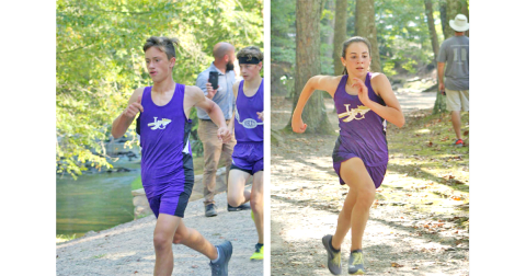LEFT: Wyatt Windham runs over the bridge at Meeks Park during the Mountain League Championship Meet. RIGHT: Ryann Jones picks up the pace on the final stretch of the Mountain League Championship.