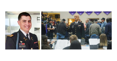 LEFT: 1st Lt. William Mayfield will give the keynote address at the upcoming Veterans Day Celebration at Lumpkin County High School. Mayfield was a member of the original JROTC Corps of Cadets at the school. RIGHT: Veteran Andrew Harwood directs the Lumpkin County High School Band of Gold at last year’s ceremony.