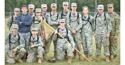 The Lumpkin County JROTC Raider team is pictured after the awards ceremony at the State Competition at Spalding High School. Pictured (from left) standing: Ashlyn Jewell, Mario Mendoza, Chase Cootware, Emily Martinez, Tatianna Lovell, Dane Sexton, Bailey Amey, Cody Gaddis, Madison Rodgers, Reece Butler and coach Jeff Moran. (Kneeling) Brigham Talton, Melia Matkovic and Levi Bennett.