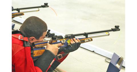 Lumpkin rifle team member Levi Caldwell sets his sights on his target during a recent match. Caldwell shot 267 in the Indians’ win over Parkview last week.