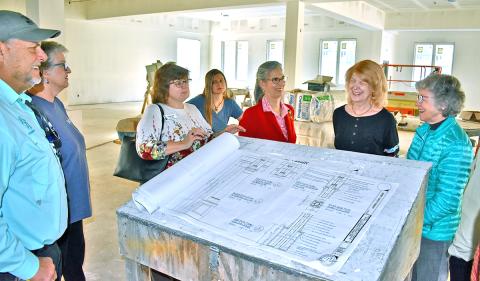 Library Board members and Friends of the Library (FOL) toured the nearly completed building that will house Lumpkin County’s new library in the spring. From left are construction superintendent Robby Robinson; Library Board member Kaye Campagnoli; Regional Library Director Leslie Clark and her daughter, Kristen James; board member Laura LaTourette; and FOL members Arienne Wallace and Elsa Ann Gaines. Not pictured are FOL’s Ken Rice and Chairman Ken Smoke.