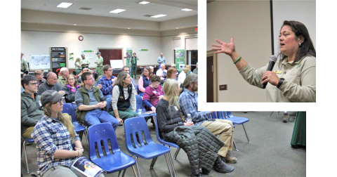 RIGHT: Betty Jewett, Forest Supervisor for the Chattahoochee-Oconee National Forests and Responsible Official for the Foothills Landscape Project, is well aware of the impact she will have on the area through this project. “I know that the decisions I make here affect all of you guys and I take that into consideration very strongly,” Jewett said during Thursday’s meeting. LEFT: The people of Lumpkin County got their chance to discuss the findings of the Foothills Landscape Project’s environmental assessment
