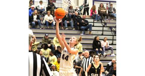 Senior center Madisyn Echols scores two of her six points in the Lady Indians’ loss to region foe East Hall last Friday night.