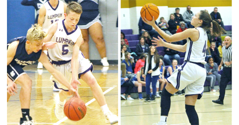 LEFT: Stephen Sherrill comes up with a steal during the first round of the Mountain League Championship tournament to start a Lumpkin fast break. RIGHT: Scoring sensation Averie Jones drives the lane for two of her 19 first half points against the Fannin County Lady Rebels in the semifinals of the Mountain League Championship tournament. Jones averaged 23.5 points per game for the Lady Indians during the tournament.