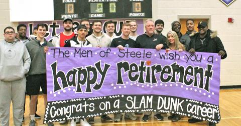 Former Johnson High School and Lumpkin basketball players celebrate the career of LCHS head boys basketball coach Jeff Steele after he announced his retirement.