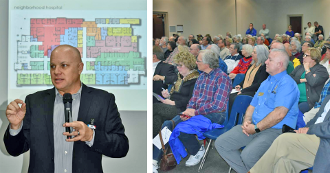 LEFT: Kevin Meek, Executive Vice President of Sitepoint Healthcare Partners, explained the concept of a “community hospital” to curious Lumpkin Countians during a forum on what the county’s new hospital will likely offer. New technology that could change the way people receive care was also discussed at the large gathering. RIGHT: Over 150 people attended last week’s forum on plans for the new North Georgia Medical Center Lumpkin campus at the Highway 400/60 intersection.
