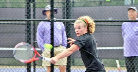 Number one singles player Laken Ferrell returns a volley with a cross court shot. The senior is having a terrific start to the 2020 season.