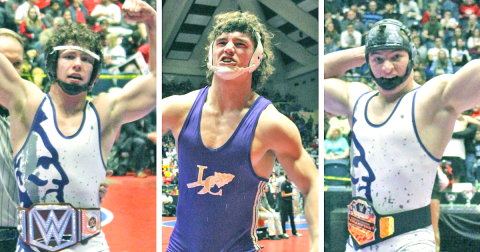Pictured (from left): Nolan Wheeler flexes his muscles after becoming only the second Lumpkin County wrestler to win three State Championship titles. Sam Irwin gets hyped up after grappling his way to back-to-back State Championship titles. Austin Garmany pulled off a late win by pin to secure his first State Championship title.
