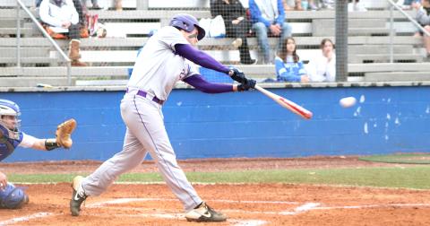 Caleb Childs rips a two-run double down the left field line to give Lumpkin an early 2-0 lead over the Fannin County Rebels. The Indians eventually won the region matchup 5-4 after the game was called due to heavy rain and lightning.