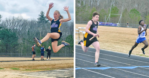 LEFT: Lumpkin County Middle School’s Kathryn Christian flies through the air on her way to a first place finish in the Girls Long Jump during the LCMS track & field team’s home meet at the high school. RIGHT: Lumpkin County runner Steven Yorkey turns on the jets on the final stretch to earn himself a first place finish in the Boys 100 meter dash.