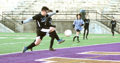 Jose Lopez boots a sensational midair volley into the upper righthand of the goal versus the Fannin County Rebels. The goal was one of two for Lopez in the 10-0 victory.