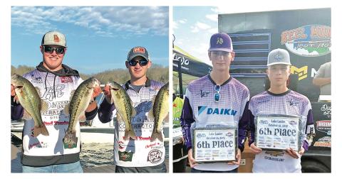 LEFT: Lumpkin bass fishing team duo Harris Taylor and Avery Mills show off their bounty after a day on the lake during a tournament this season.  RIGHT: Bass fishing team duo Kyle Trammell and Garrett Harris celebrate a sixth place finish at a tournament this past season.