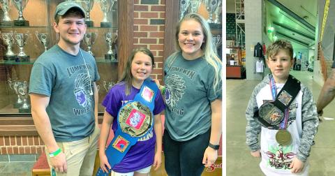 LEFT: Caroline Cunningham celebrates her State Championship title with Lumpkin County Youth Wrestling Club coach Tristin Duckworth and her wrestling idol Kaylee Seabolt.  RIGHT: Caleb Yorkey shows off his State Champion belt and medal after an overtime win in the finals. Yorkey became the first USA wrestling champion for Lumpkin County in years.