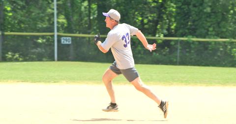 Miners newcomer Greg “Golden Boy” Lewis races toward third base for a lead-off triple versus the Relics. Lewis finished game two of the doubleheader 3-for-3 at the plate.