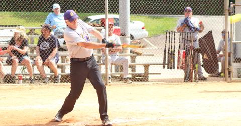 Jim “Junkyard Dog” Ehlers connects for one of his four hits in the first game of a two-game set versus the Franklin Old Bones. Ehlers went 4-for-4 at the plate for Dahonega Gold in game one.