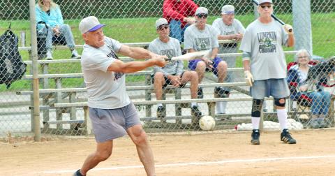 LC Miner infielder Vince “Atta Boy” Adams connects for a leadoff single versus the Rabun Relics in Lumpkin’s 2020 Clayton League season opener last week.
