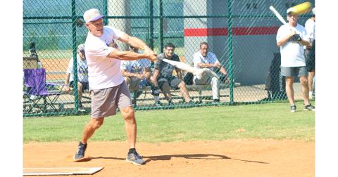 LC Miners infielder “In” Vince “Able” Adams blasts a pitch over the fence for a home run against the Franklin Old Bones. Adams had a perfect day at the plate, going 7-for-7 with eight RBIs in the lead-off spot for the Miners.